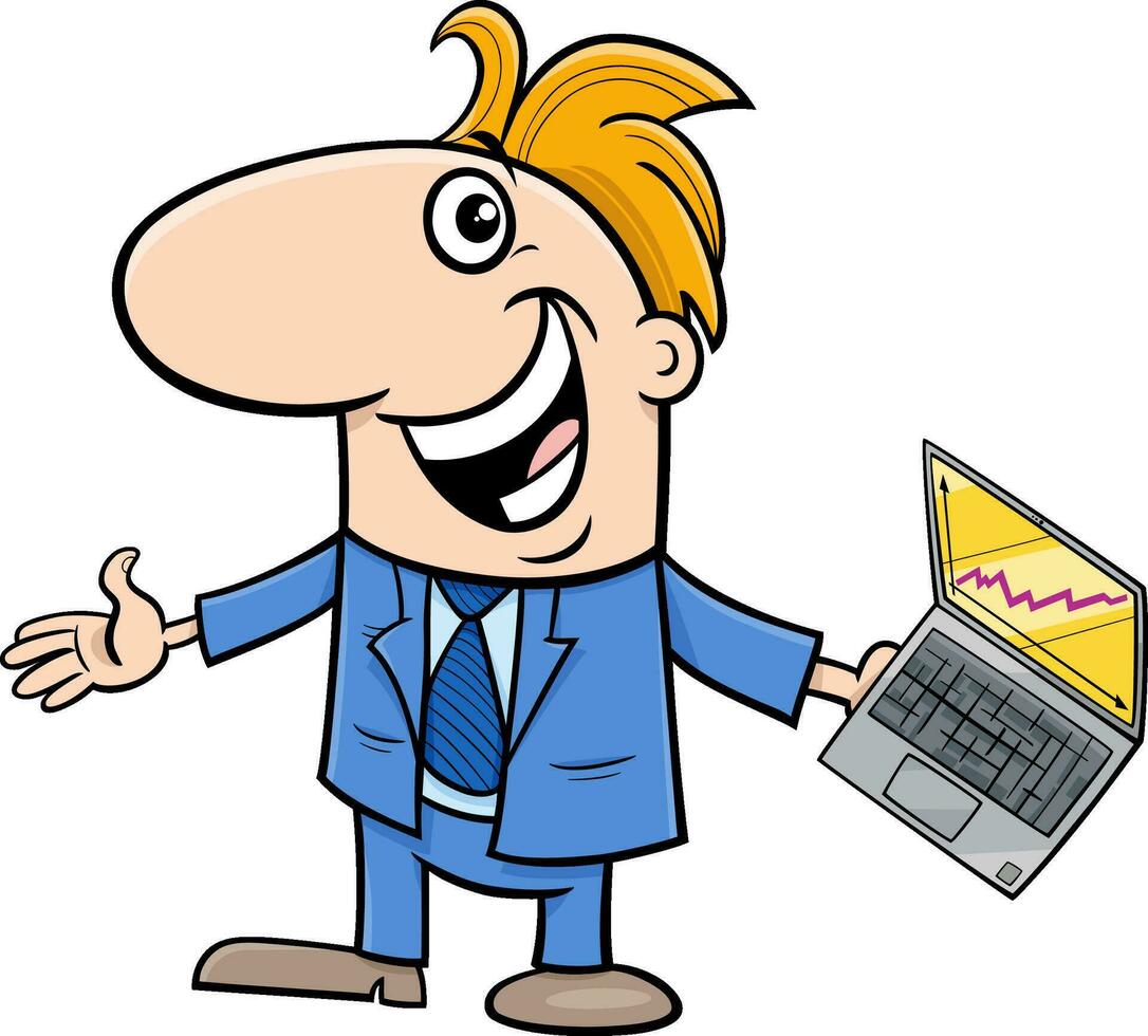 cartoon happy businessman in suit with laptop vector