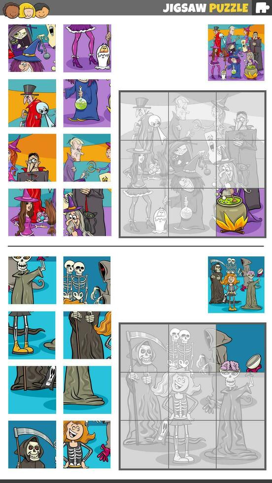 jigsaw puzzle activities set with fantasy characters vector