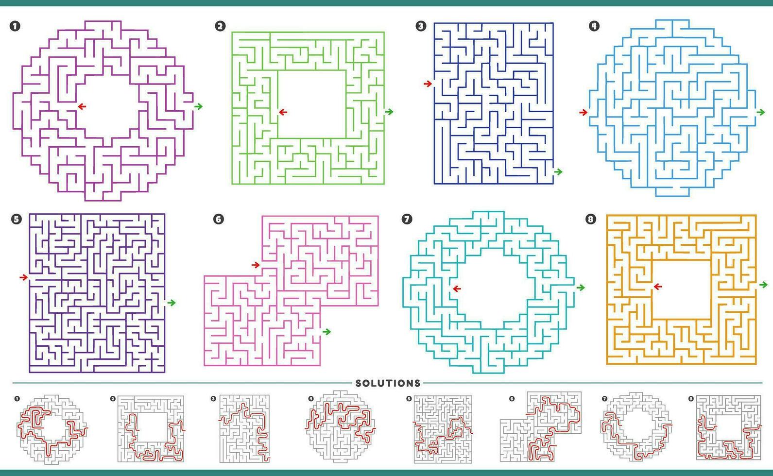 maze puzzle activities graphs set with solutions vector