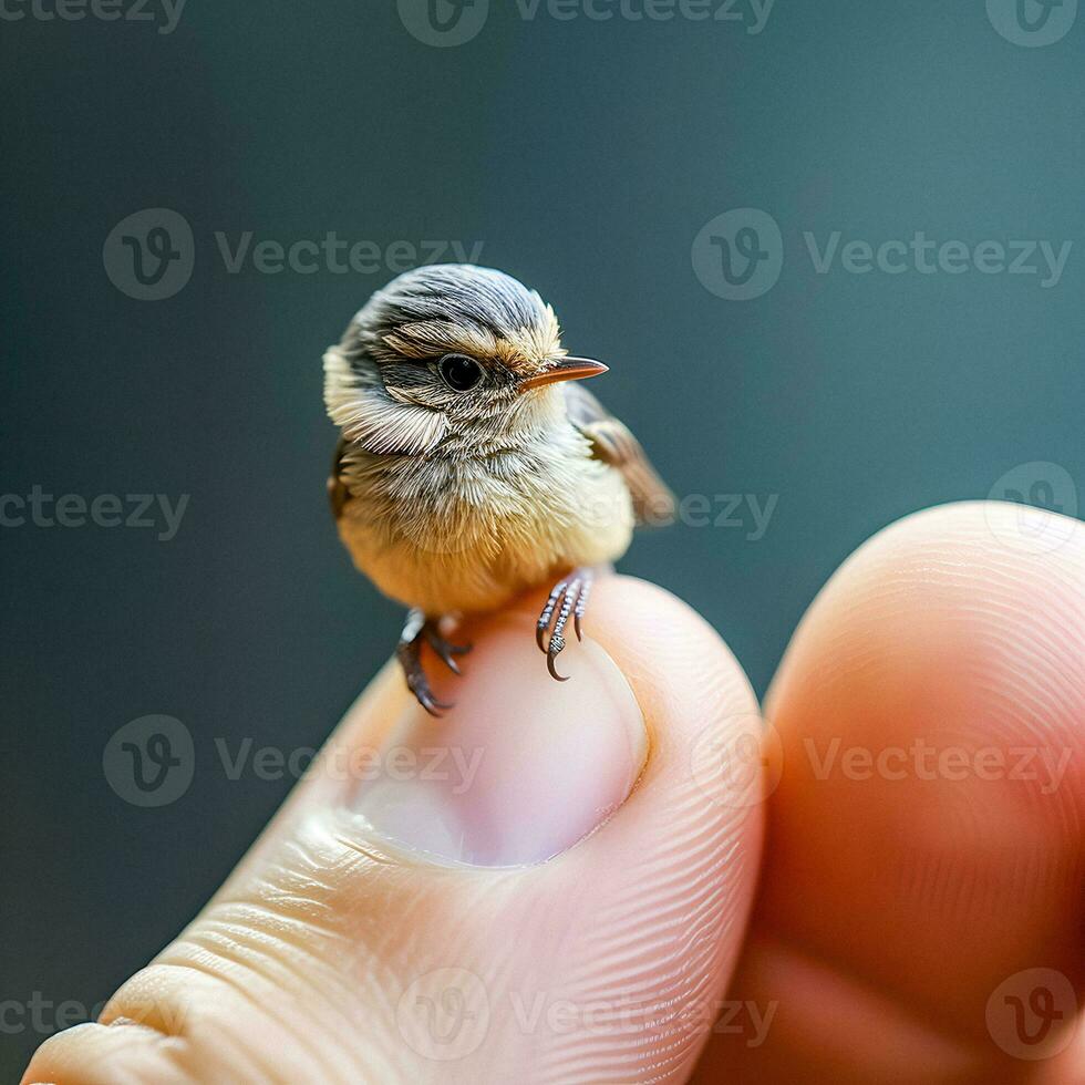 Microcosmic Harmony Generative AI Captures Delicate Bird Perched on Finger photo