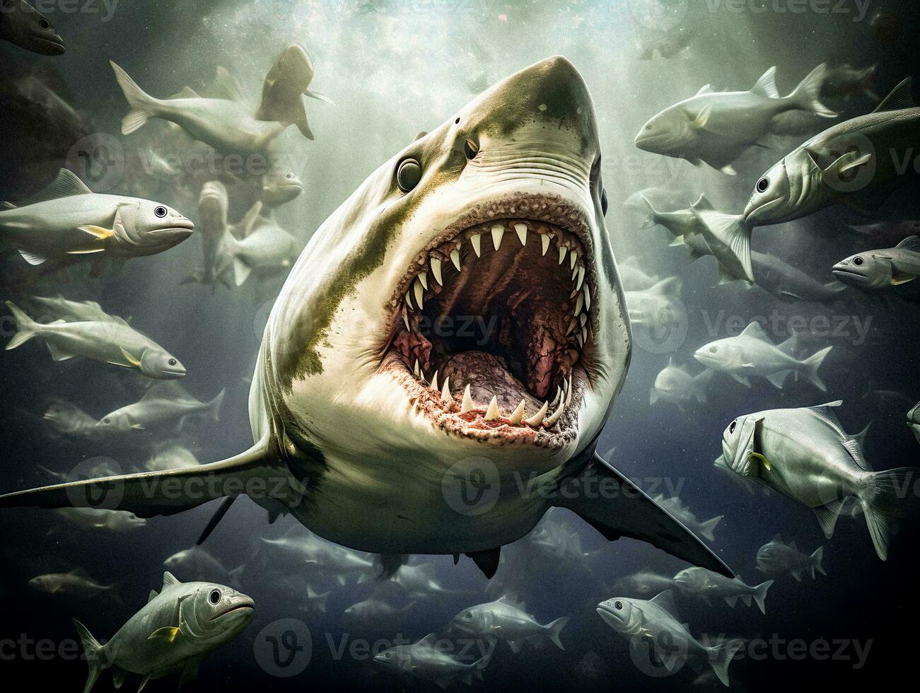 Dynamic Encounter Shark Attacking a School of Fish   generative ai photo