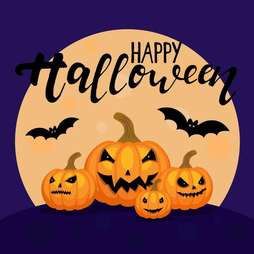 Four Carved Halloween Pumpkins With Spooky Faces And Bats vector