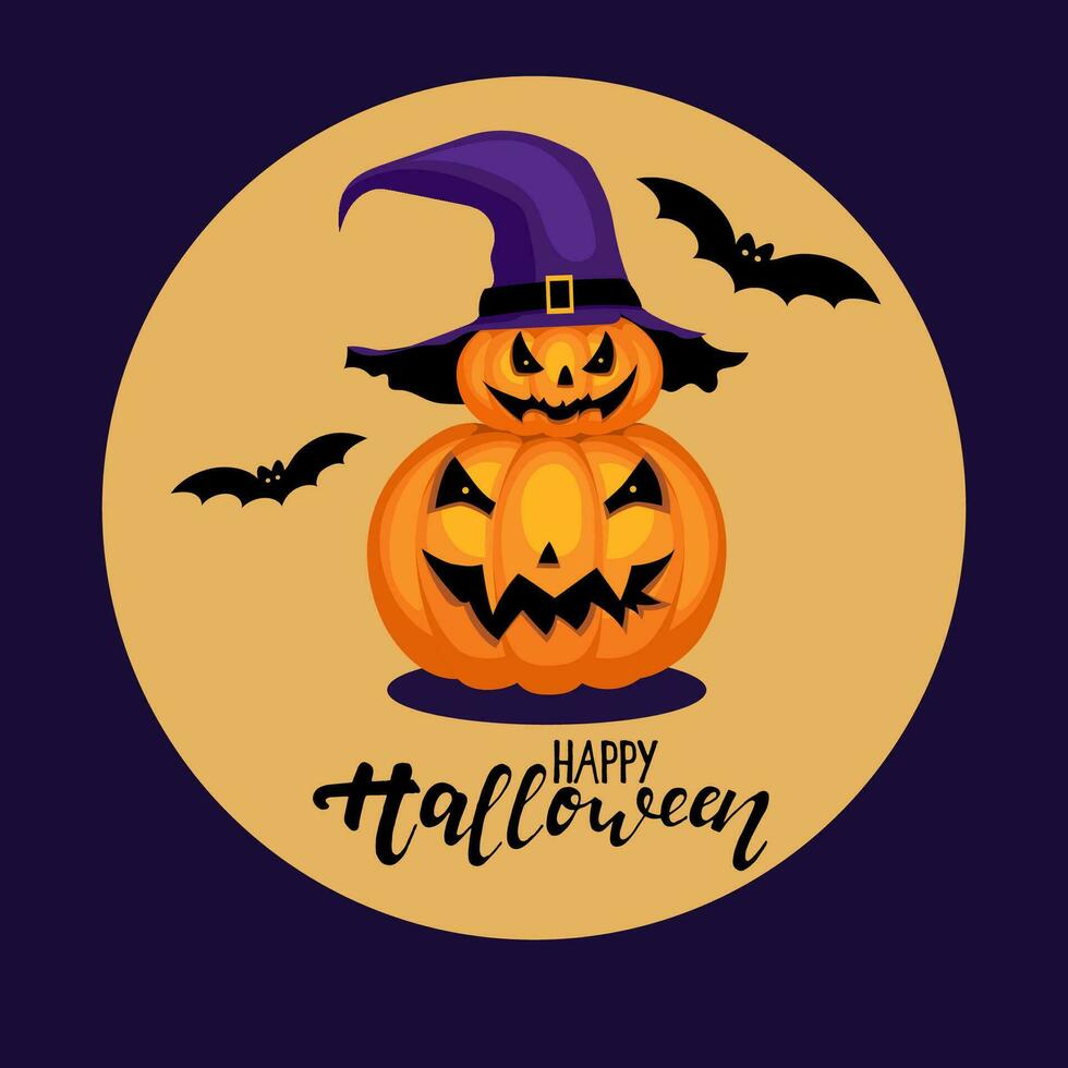 Carved Halloween Pumpkins With Spooky Faces Wearing Witch Hat And Bats vector