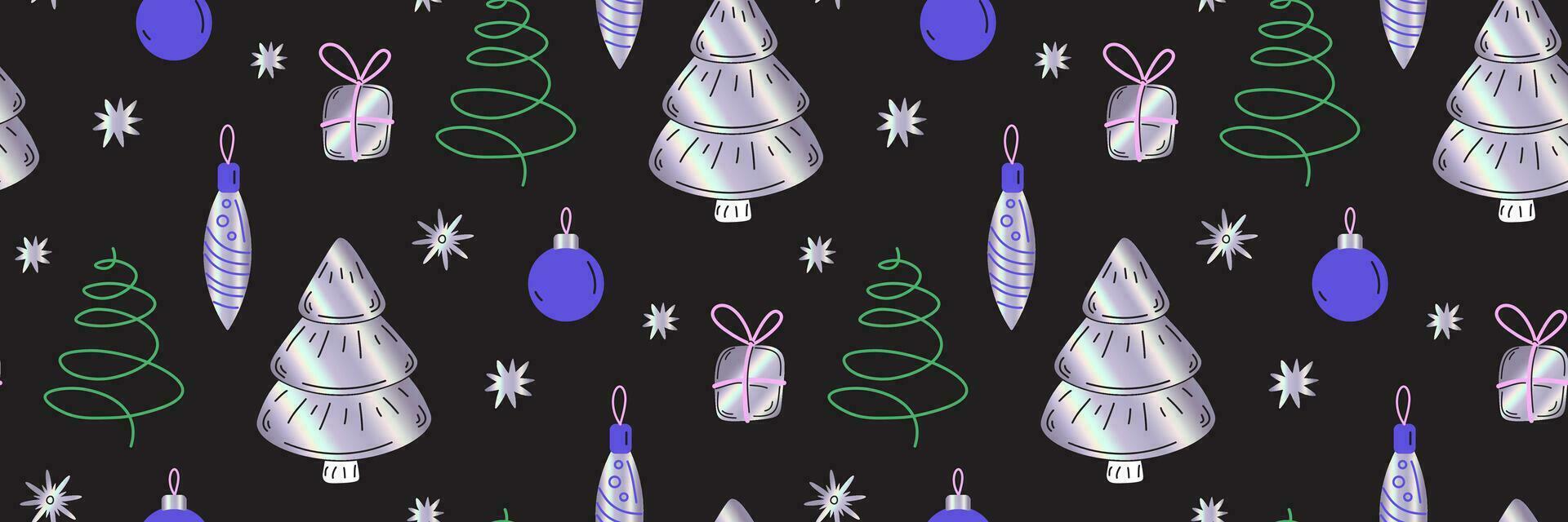 Merry Christmas and New year seamless pattern. Holographic flat illustration. Elements of New Years party gifts, Christmas tree toys, sparklers. Vector flat illustration. Merry Christmas backgrounds.