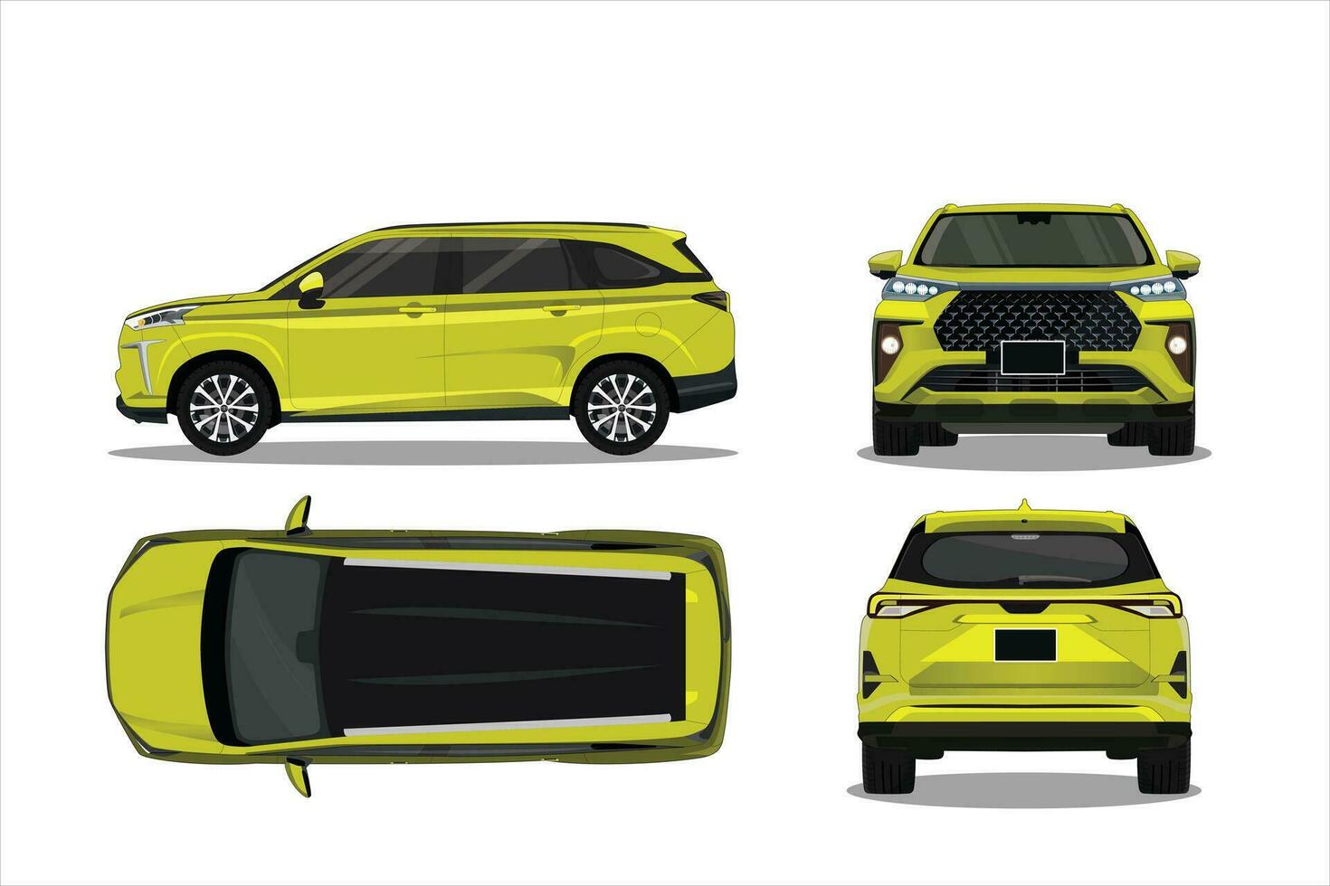 Realistic vector green car with gradients and perspectives from front, back, side and top