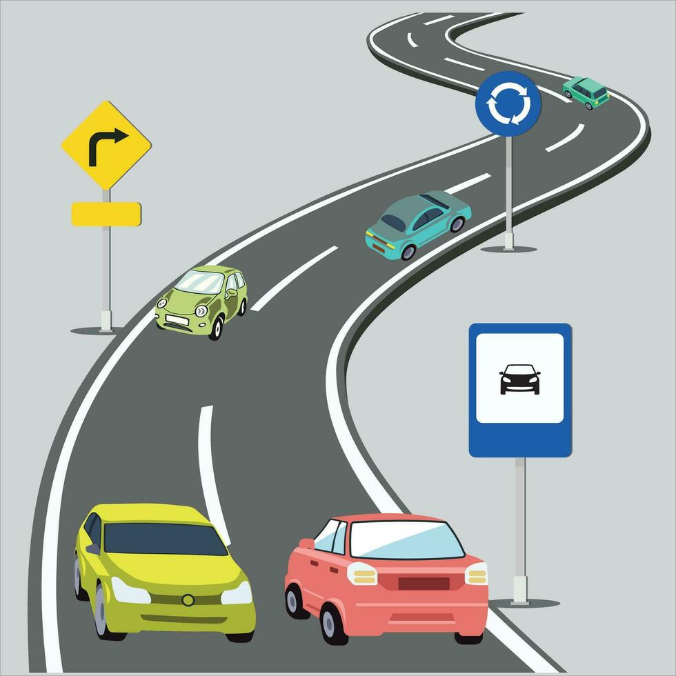 Early morning driving on an uphill city road. Panoramic view of morning road traffic with various cars. Cartoon traffic vector