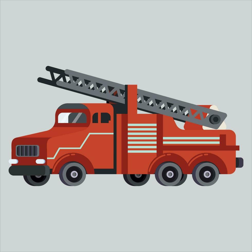 Vector cartoon style fire rescue red truck, isolated on white background. fire car with ladder.