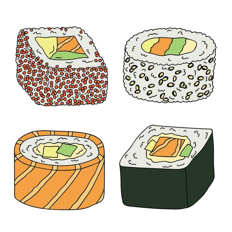 Hand drawn sushi roll clipart set. Japanese traditional cuisine dishes. Asian food vector