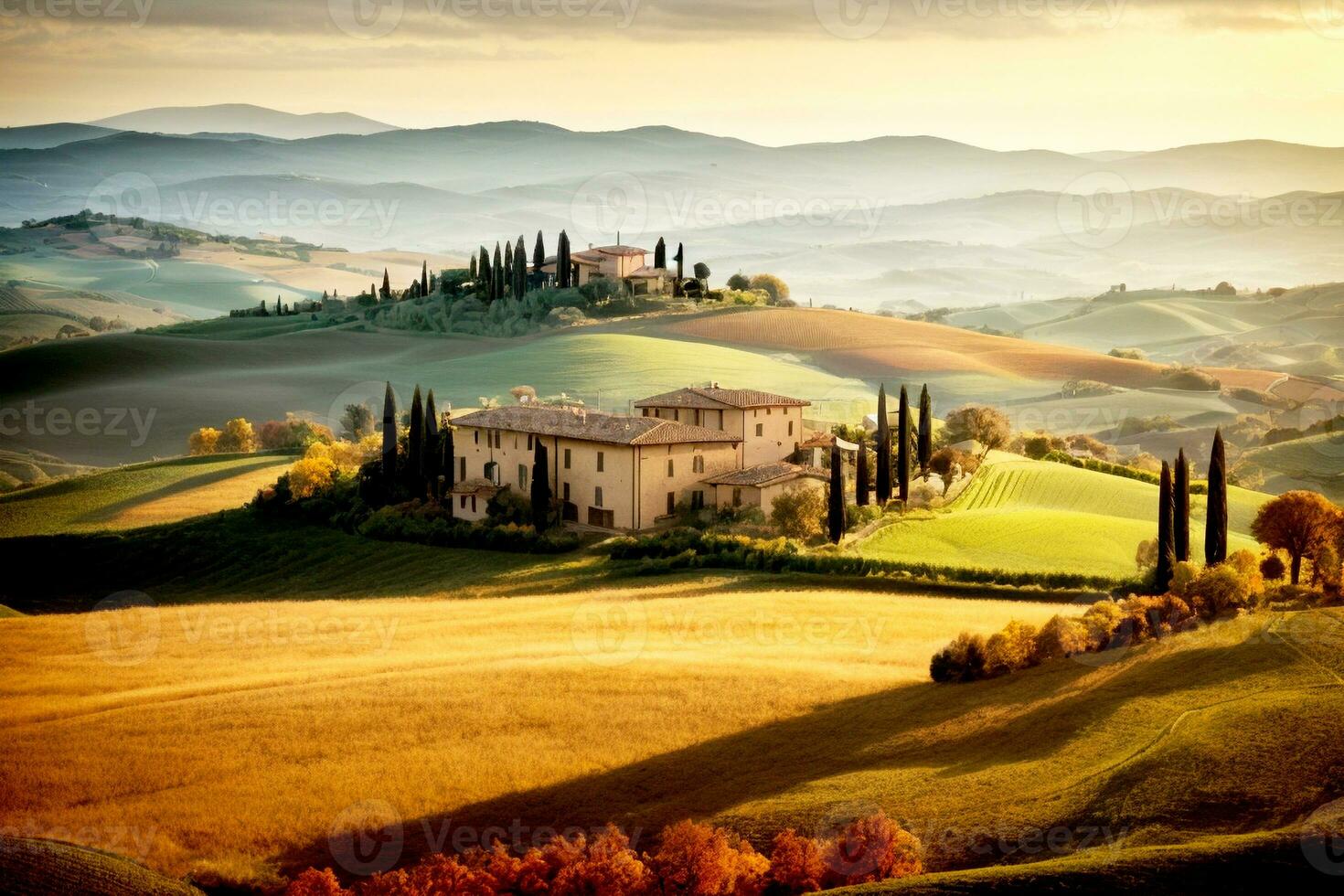 otoñal francés italiano Español país paisaje con colinas arboles distante aldea. comercial apelar. amplio texto espacio. ai generativo foto