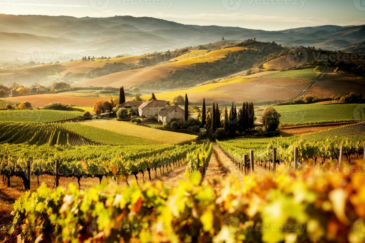 francés italiano Español viñedo paisaje con distante edificios casas iglesia. comercial apelar. amplio texto espacio. ai generativo foto