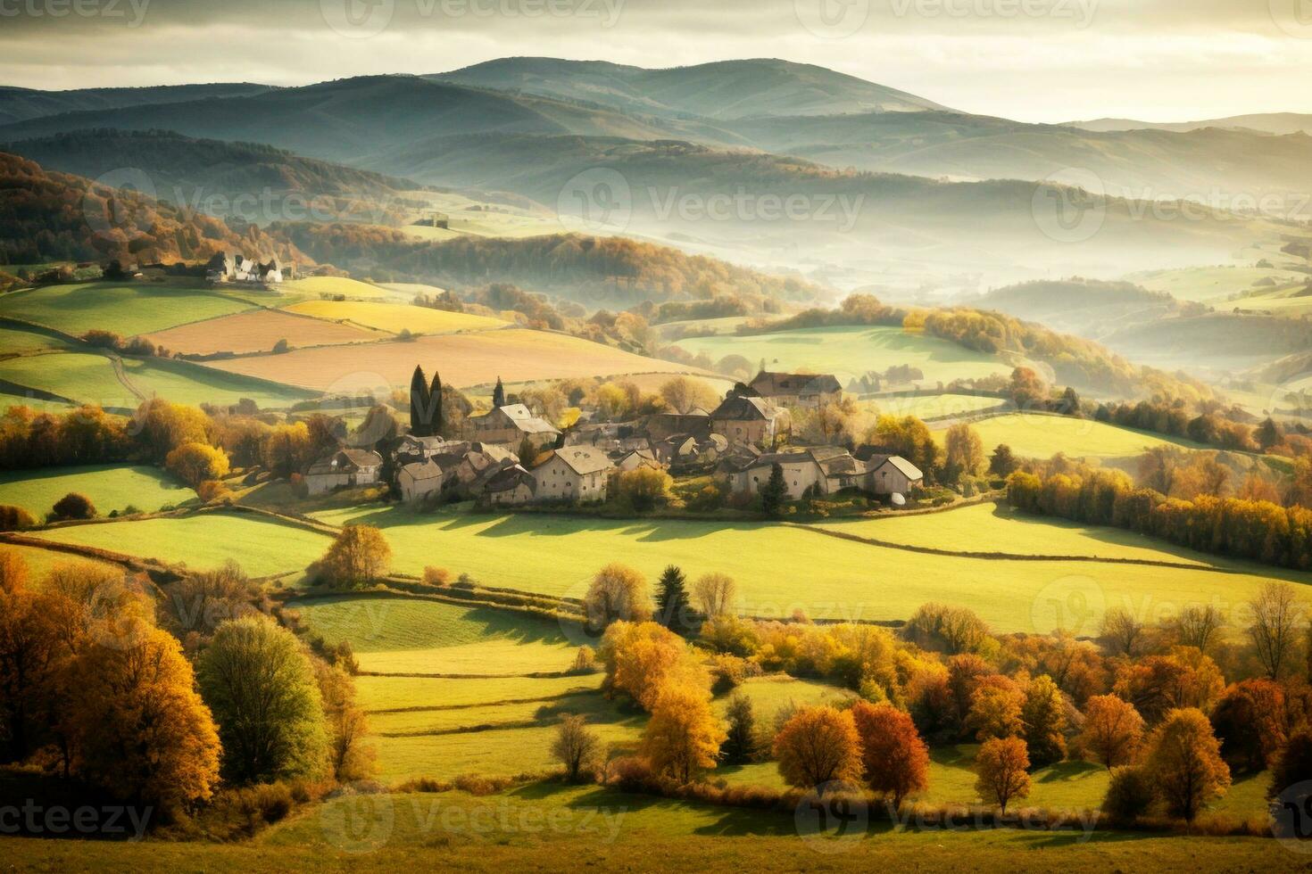 Autumnal French Italian Spanish Country Scenery with Hills Trees Distant Village. Commercial appeal. Ample text space. AI Generative photo