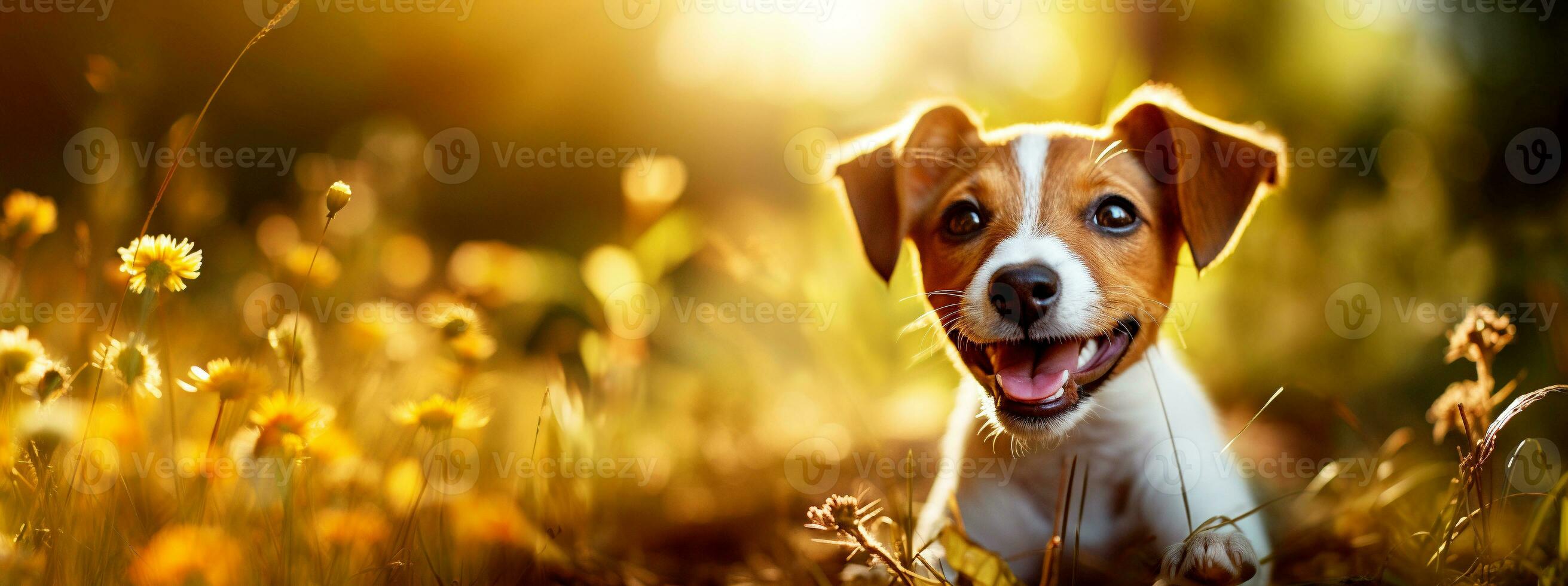 Commercial autumn dog banner, 32 9 ratio, photographic. Naturally blurred backdrops. Suited for text overlay. AI Generative photo