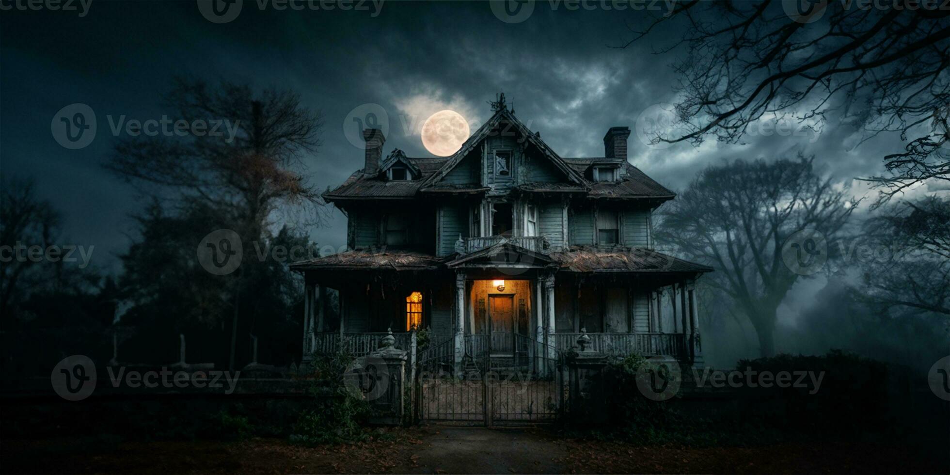 AI Generative Halloween Graphics. A haunted house under the full moon photo