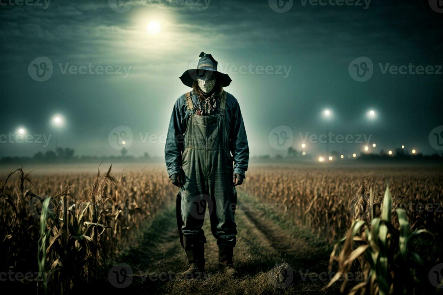 Halloween graphics. malevolent scarecrow takes center stage, set against a backdrop of withering fields and a full moon. AI Generative photo