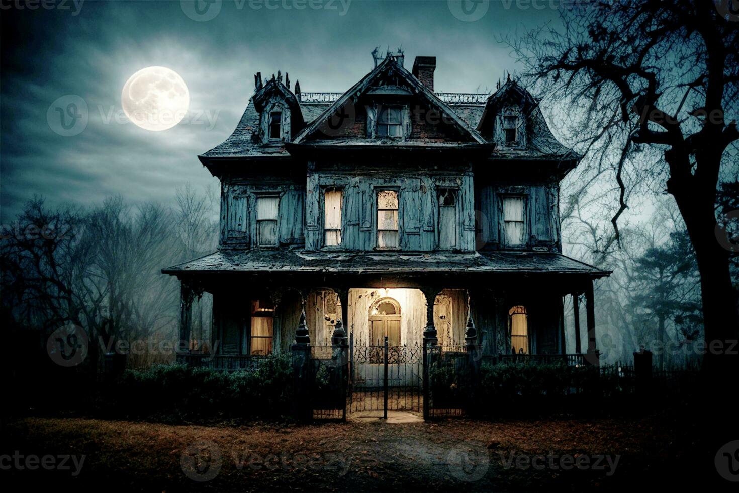 AI Generative Halloween Graphics. A haunted house under the full moon photo