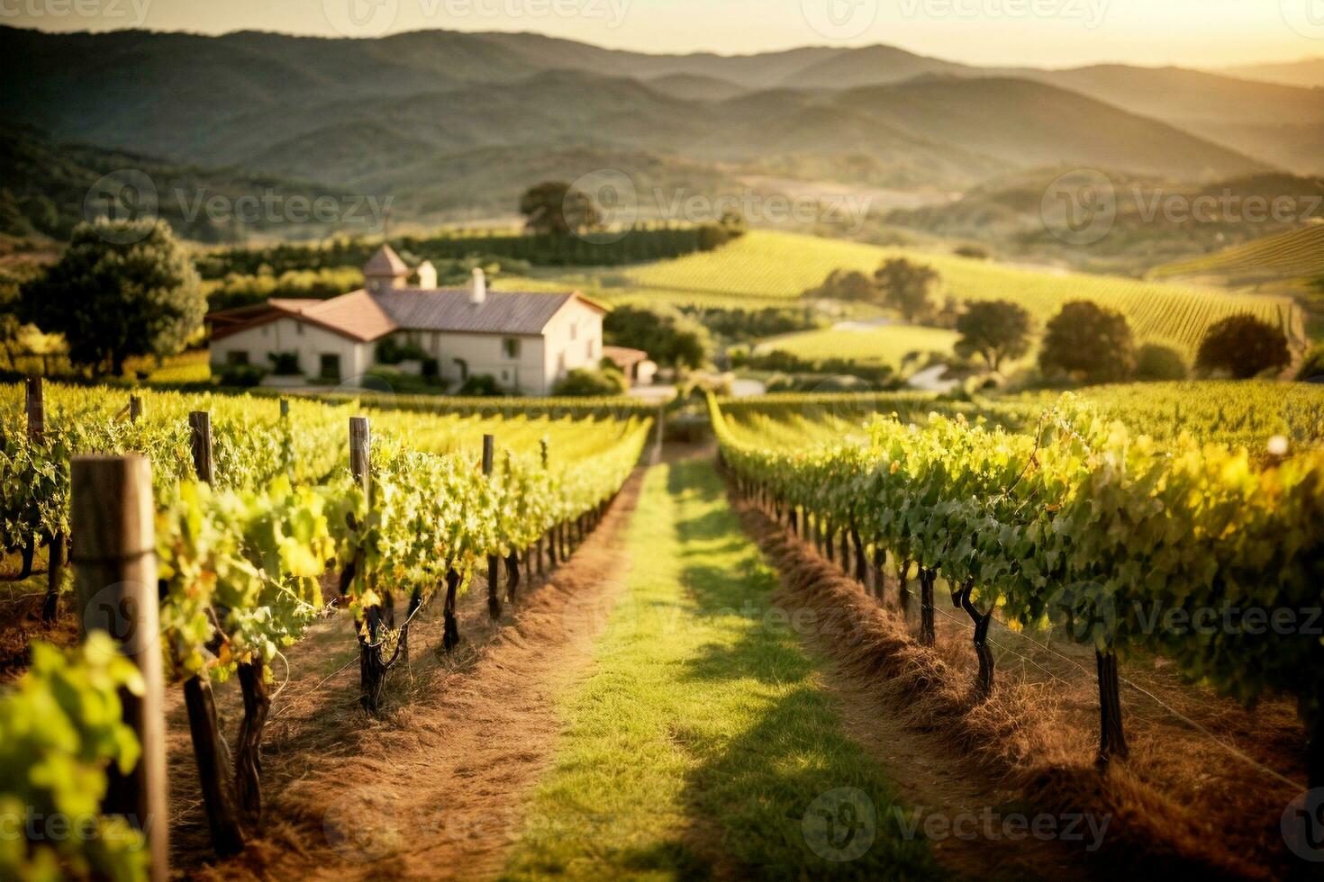 French Italian Spanish Vineyard Scenery with Distant Buildings Houses Church. Commercial appeal. Ample text space. AI Generative photo