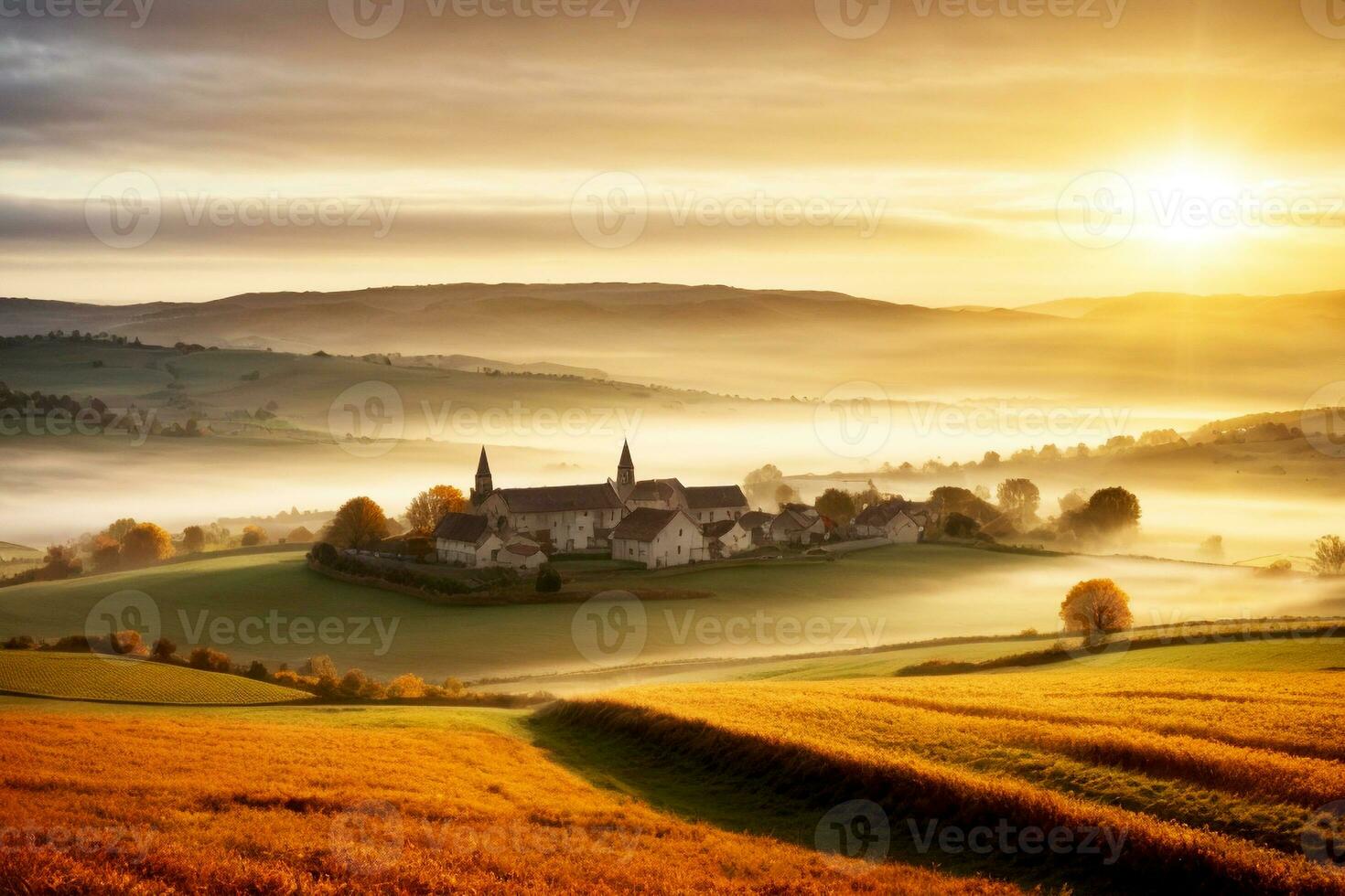 otoñal francés italiano Español país paisaje con colinas arboles distante aldea. comercial apelar. amplio texto espacio. ai generativo foto