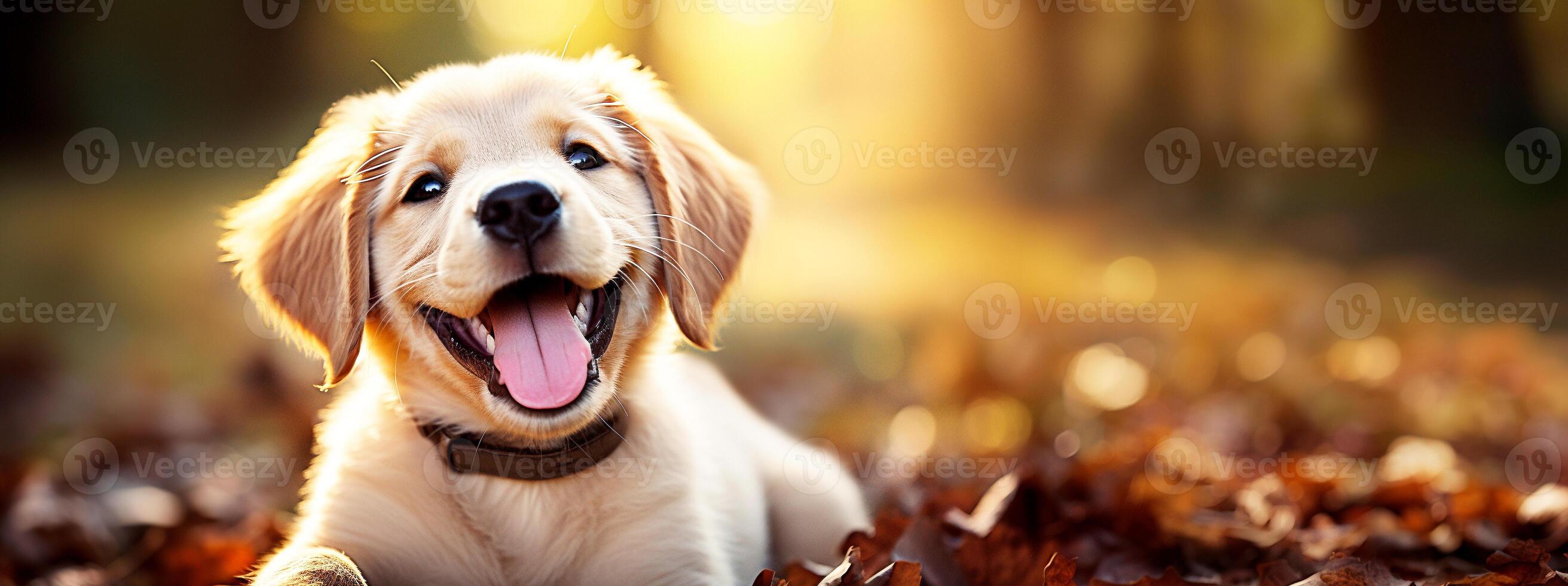 Commercial autumn dog banner, 32 9 ratio, photographic. Naturally blurred backdrops. Suited for text overlay. AI Generative photo