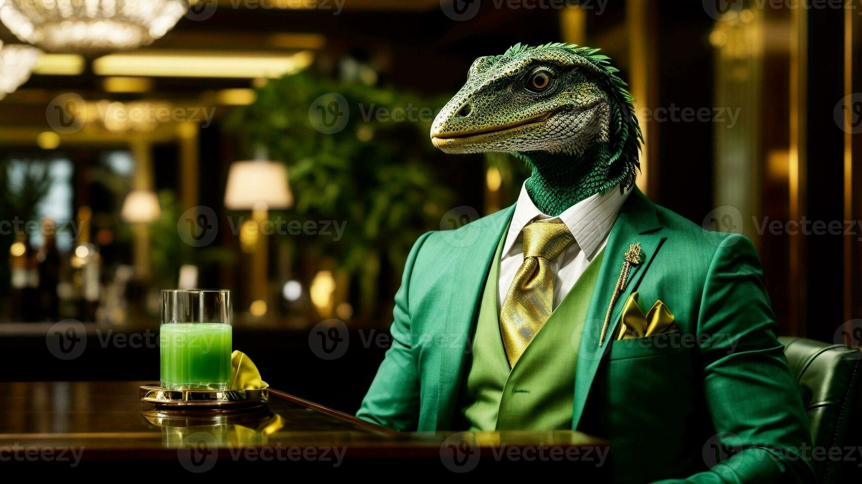 Anthropomorphic series - A classy dandociraptor hanging out at a classy hotel bar, having a cocktail - AI Generative photo