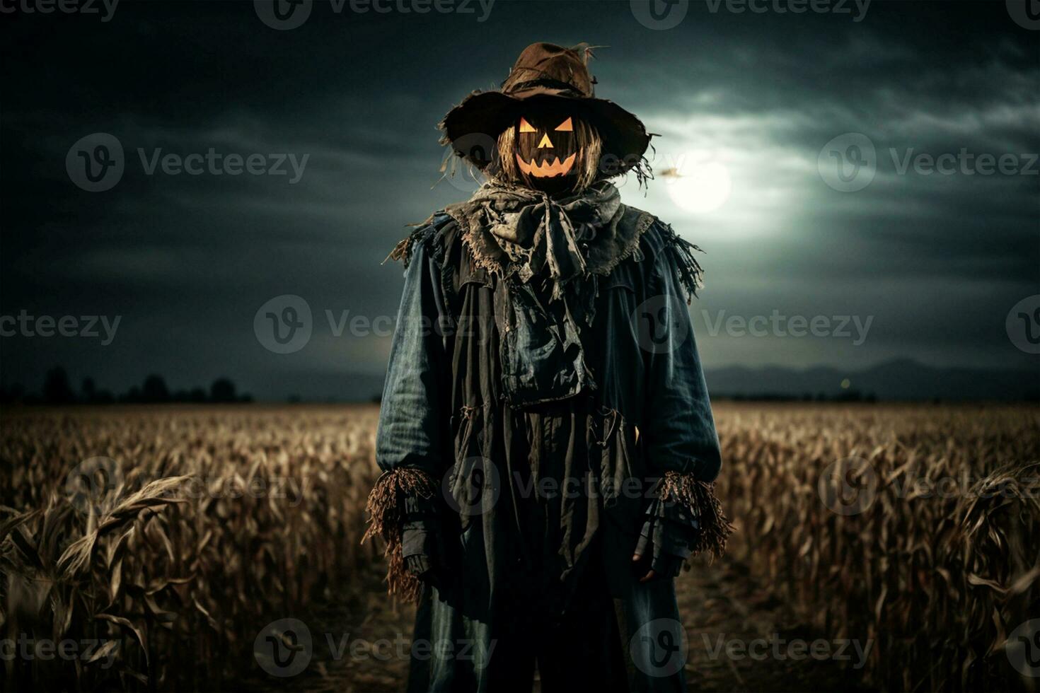 AI Generative Halloween graphics. malevolent scarecrow takes center stage, set against a backdrop of withering fields and a full moon. photo