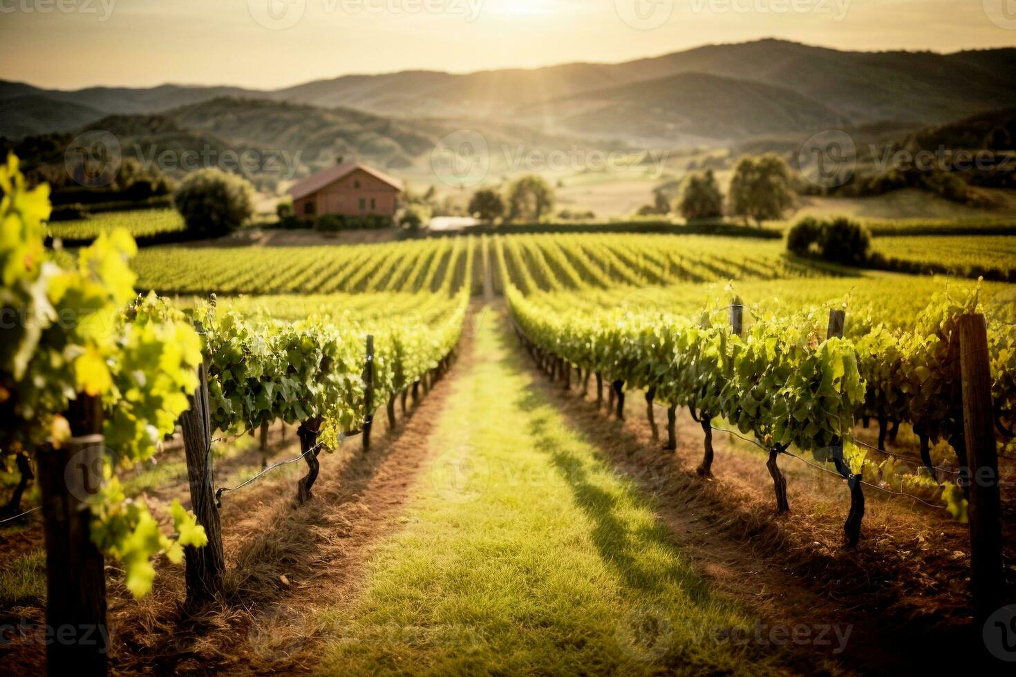 francés italiano Español viñedo paisaje con distante edificios casas iglesia. comercial apelar. amplio texto espacio. ai generativo foto