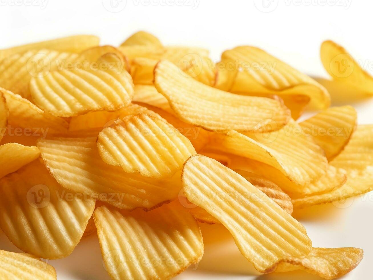 Close-up potato chips on white background. Generative AI photo