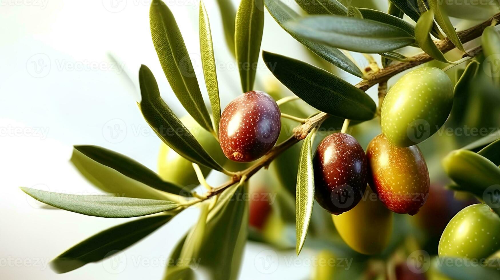 Close-up branch of olive tree on white background. Generative AI photo