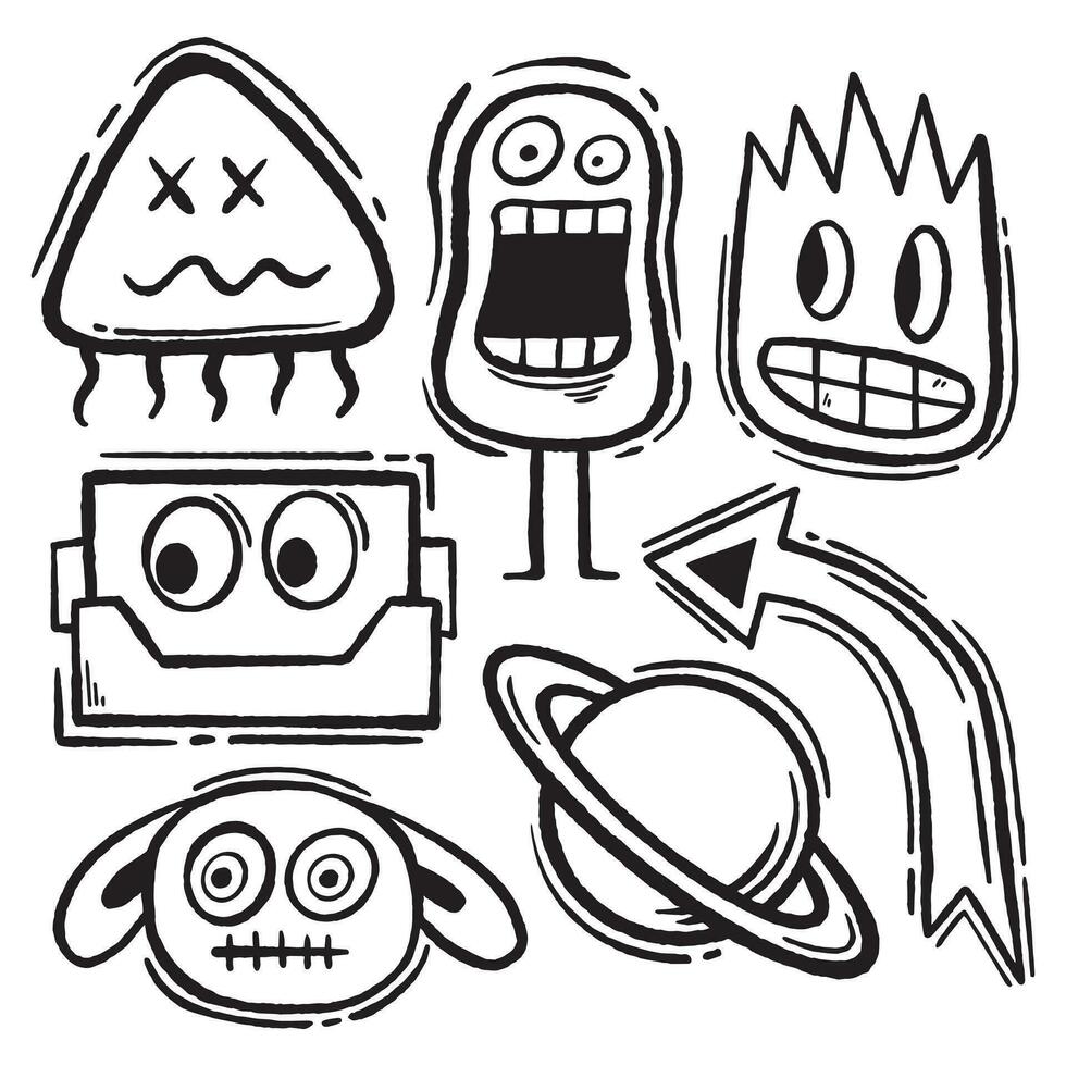 collection set hand drawn doodle monster cute vector