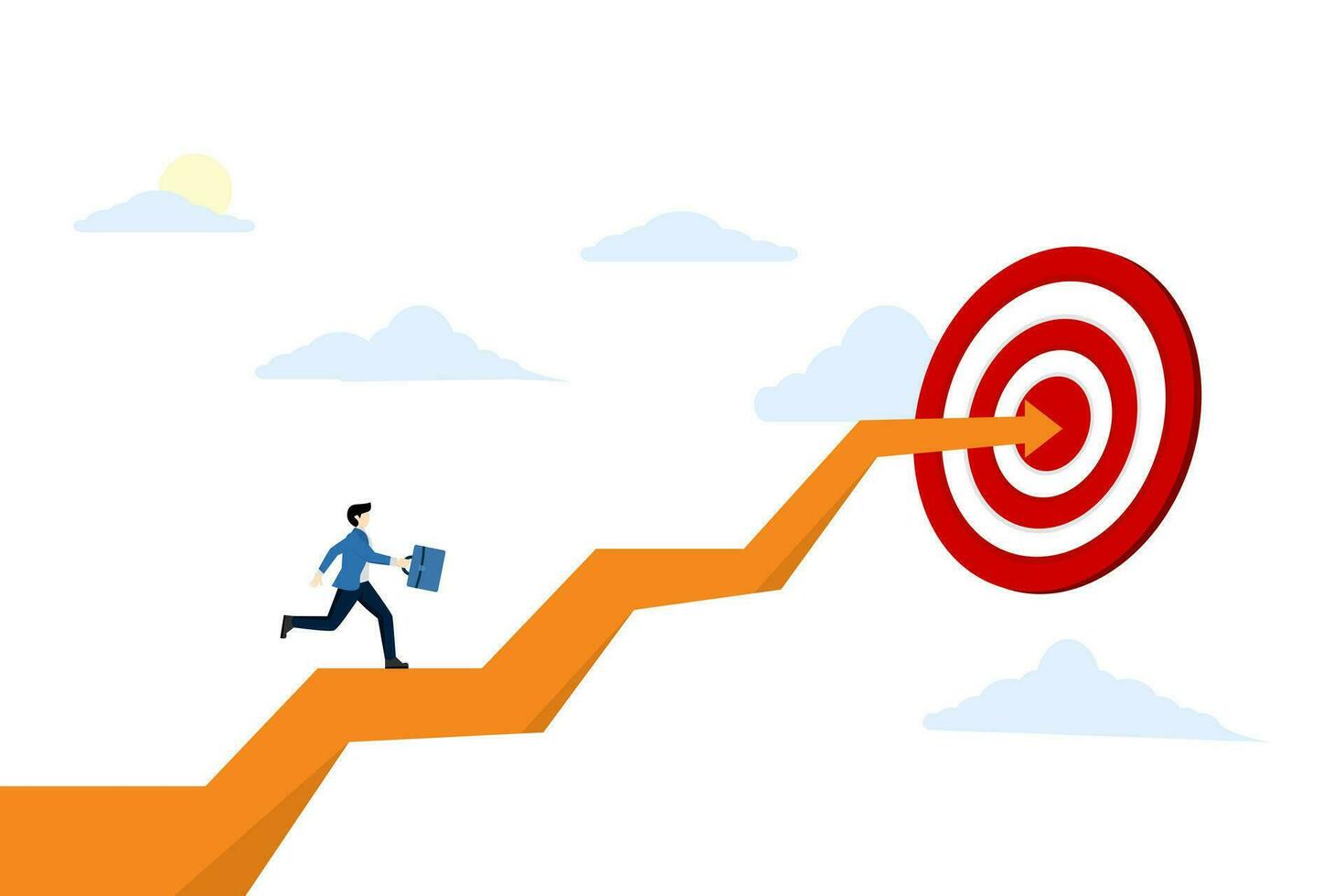Business concept, businessman running towards target, walking towards success. Focus on the goal symbol. show. a worker runs to reach the target according to the target. business targets and success. vector