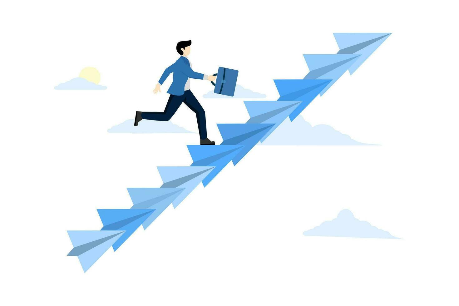 Concept of career growth, business growth or leadership to overcome challenges, motivation for success, development or ambition for success, confident businessman climbing the paper plane ladder. vector
