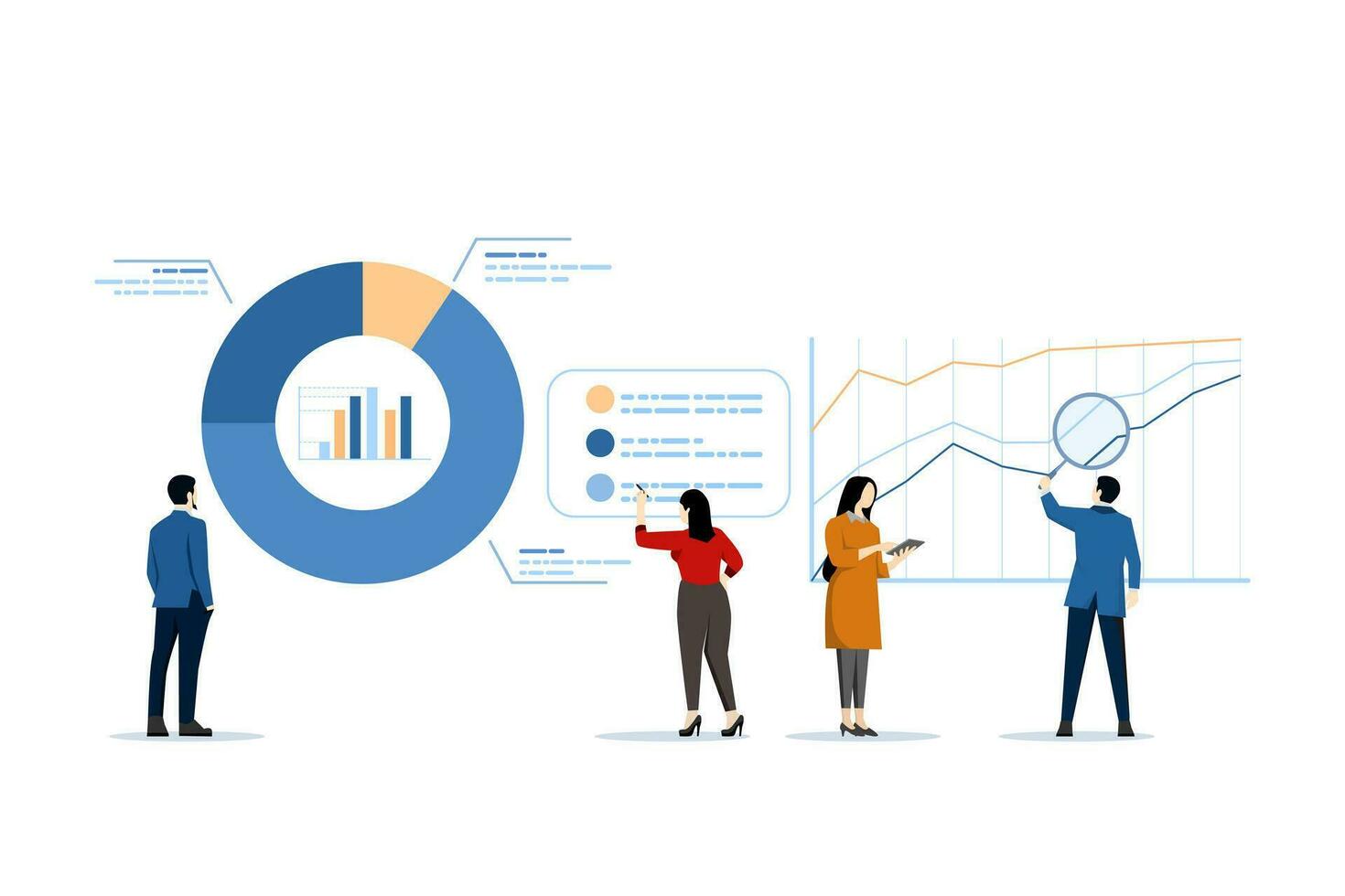 Data analysis concept, statistics for analysis, business graph dashboard, marketing research, diagrams for optimization, big information, businessman marketing team analyzing graphs and charts. vector