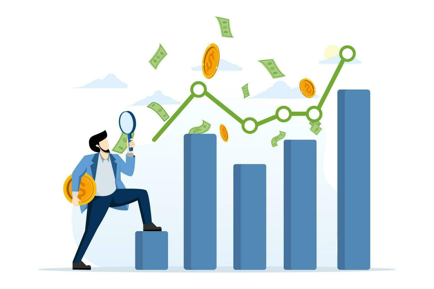 stock market report concept, financial market, investment income or money management analysis, economic growth, businessman investor holding money coins analyzing financial charts and graphs. vector