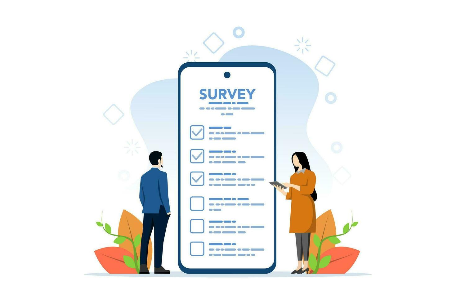 Concept of online survey questionnaire, poll, opinion or customer feedback using internet, man and woman using mobile phone or smart phone to fill online survey checklist. flat vector illustration.