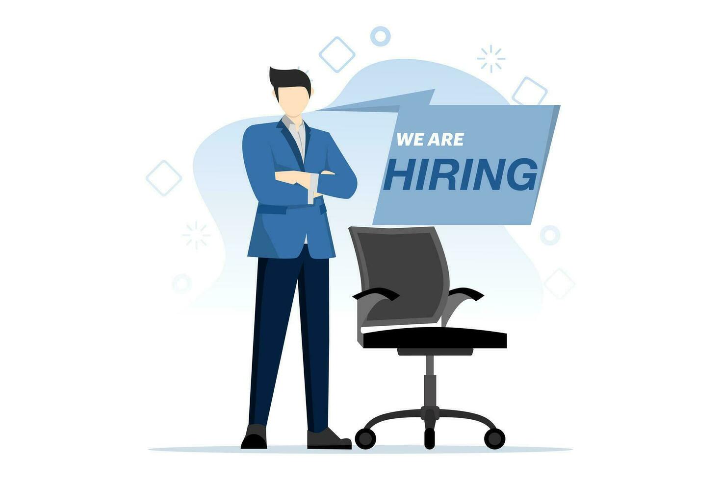 Business recruitment concept. Businessman with chair with text we rent. Vacancy. employee recruitment advertisement. Join our team announcements. flat vector illustration on white background.