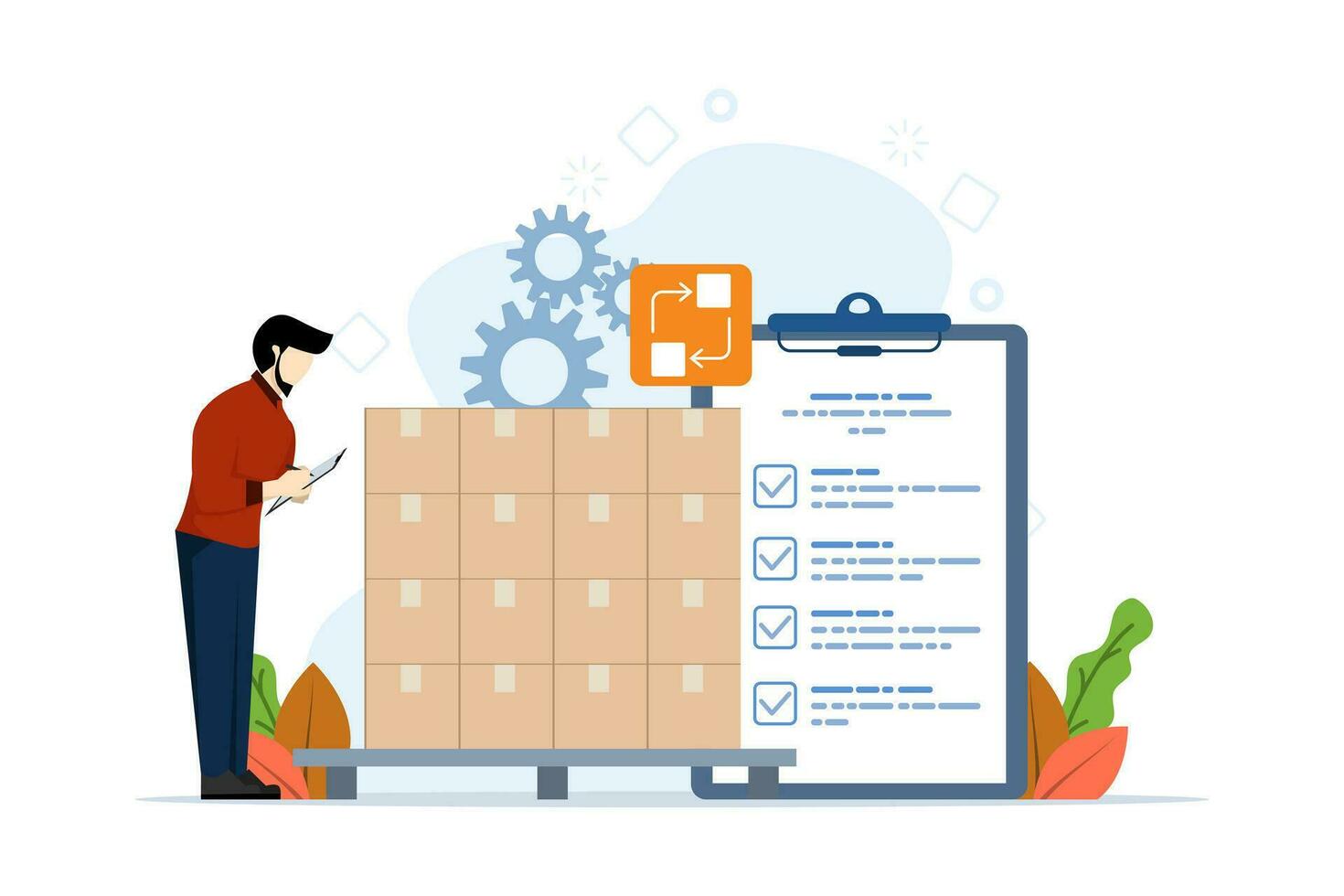 inventario controlar sistema concepto, profesional gerente comprobación inventario y valores de bienes, inventario administración con bienes pedido. controlar de entrante y saliente bienes. plano vector ilustración.