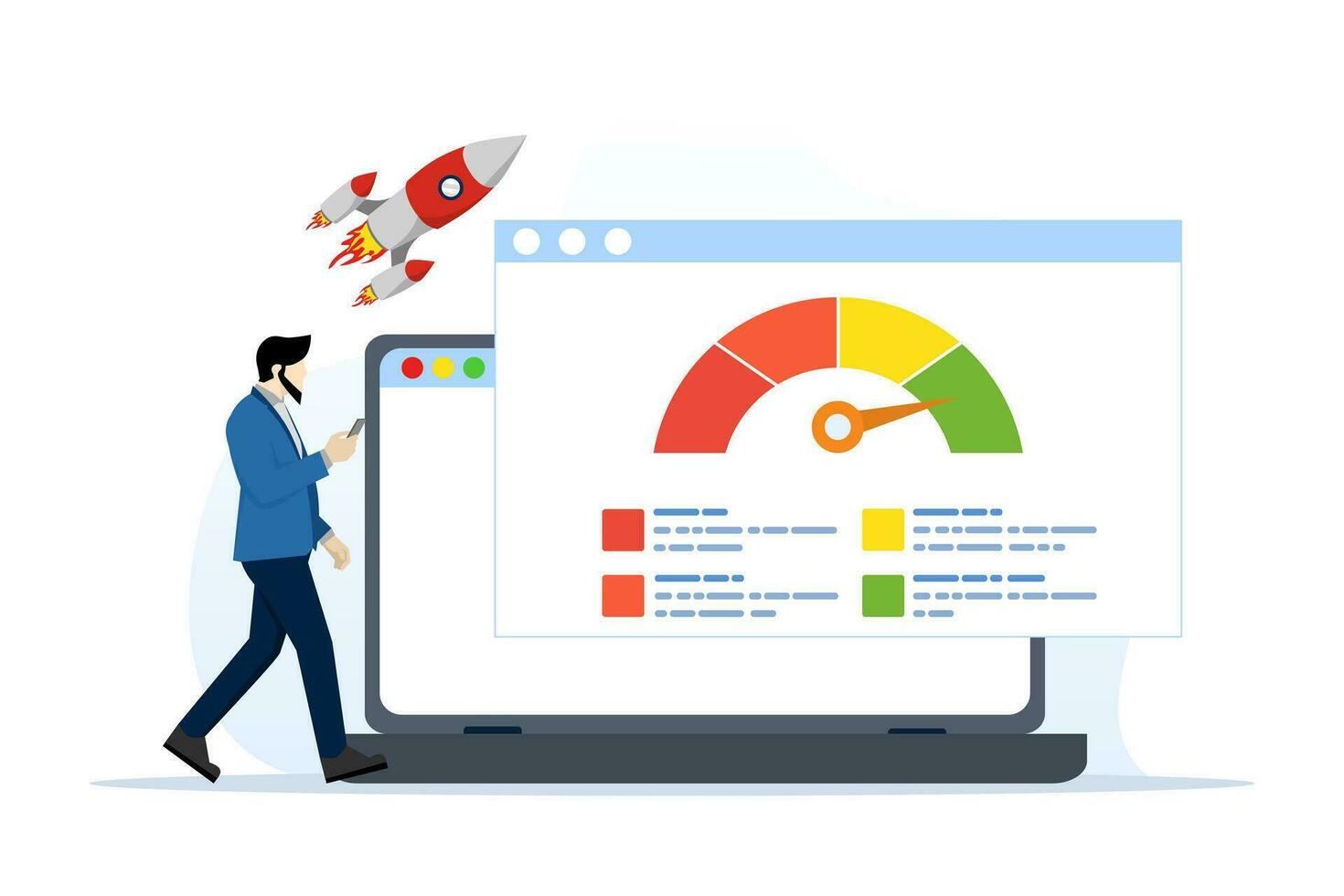 rápido cargando sitio pruebas concepto, velocímetro prueba muestra velocidad tiempo, sitio web cargando velocidad mejoramiento con servidor, web programación, móvil aplicaciones y página software. plano vector ilustración.