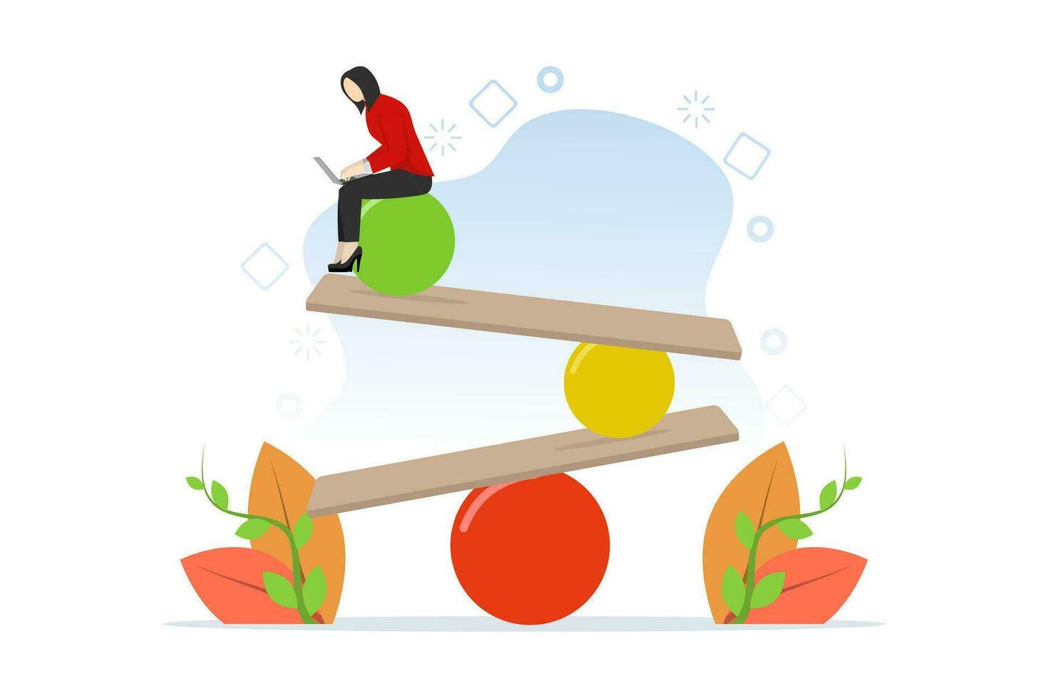 trabajo vida equilibrar concepto, igualdad o peso Entre trabajando para dinero y vida felicidad, salud, éxito y sano estilo de vida, mujer trabajando con computadora ordenador portátil mientras equilibrio balance. vector