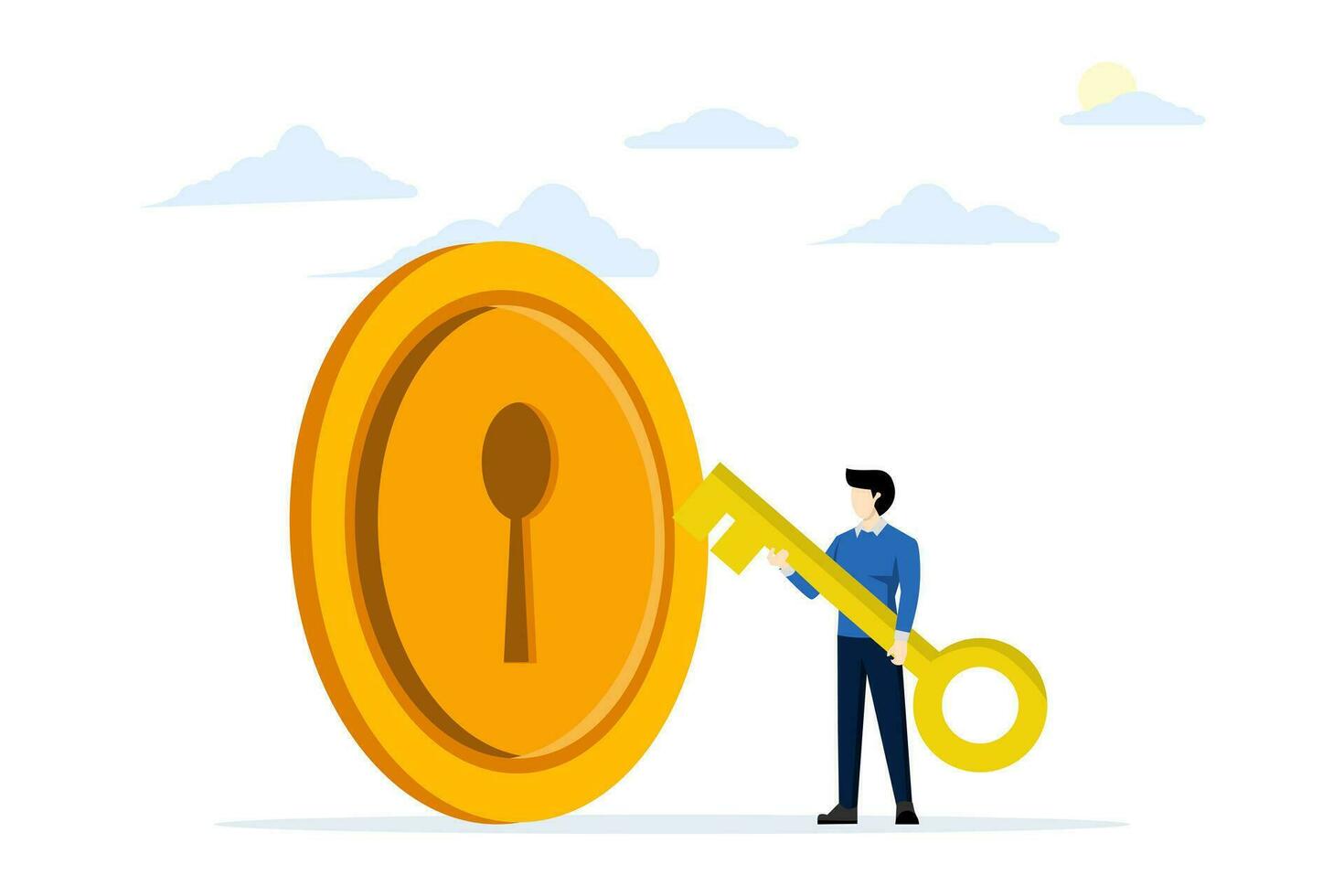 Financial key success concept, wealth solution to make money and gain profit, unlock secret reward for investment opportunities, smart businessman investor holding big gold key to open coin keyhole. vector