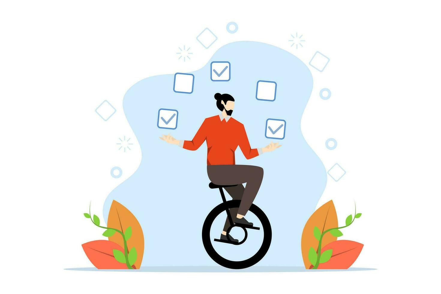 Concept of Todo list of professional, business or work achievements, project management for tracking completed tasks or checklist for checking completion, businessman juggling checkboxes on a unicycle vector