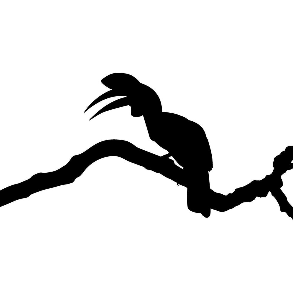 Great Horn Bird Silhouette Perched on the Branch Tree Silhouette. Vector Illustration