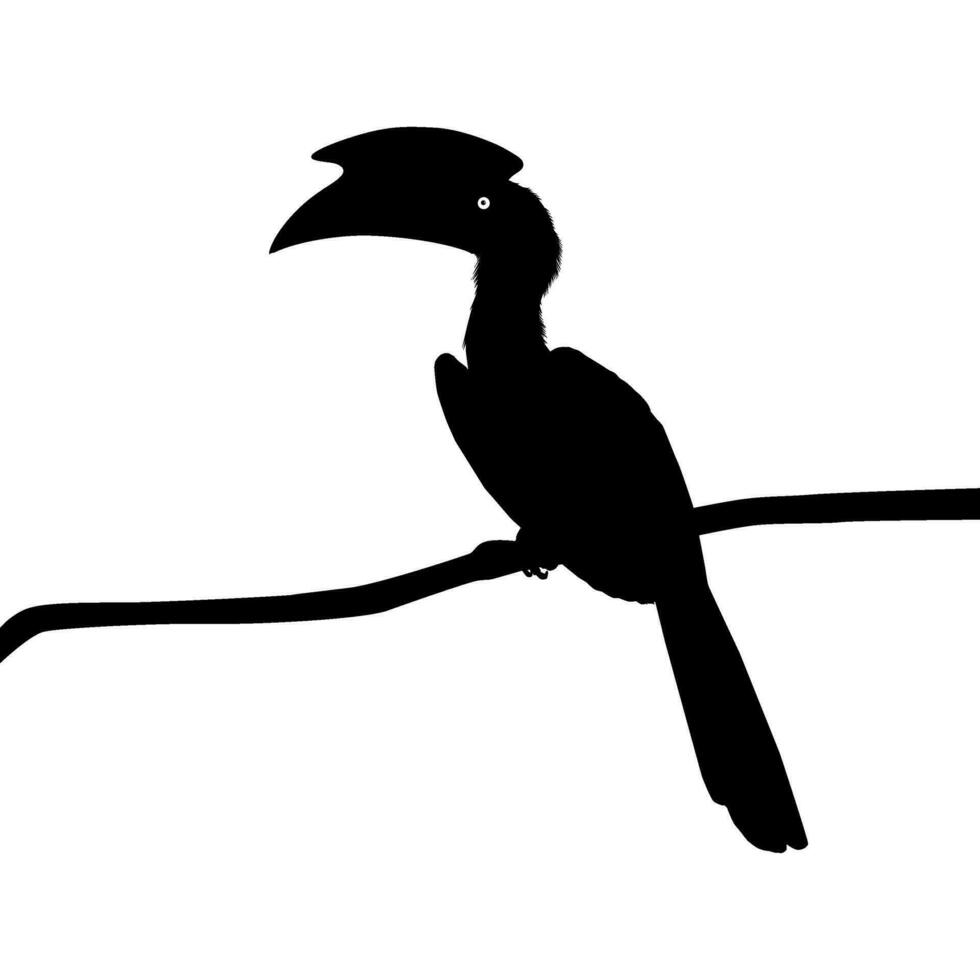 Great Horn Bird Silhouette Perched on the Branch Tree Silhouette. Vector Illustration