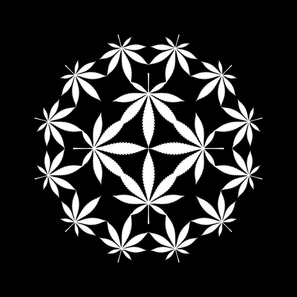 Cannabis Plant Leaf Silhouette Circle Shape Composition, can use for Decoration, Ornate, Wallpaper, Cover, Art Illustration, Textile, Fabric, Fashion, or Graphic Design Element. Vector Illustration
