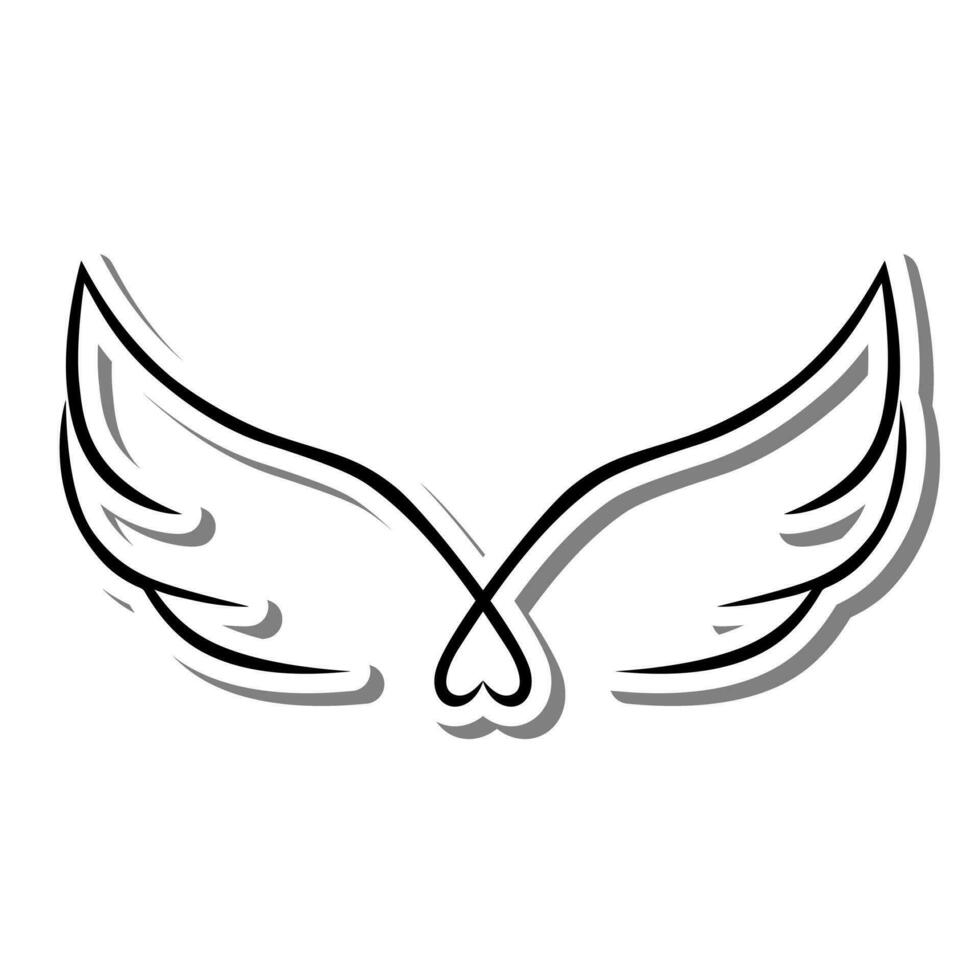 Outline Wings with Heart on white silhouette and gray shadow. Vector illustration for decoration or any design.