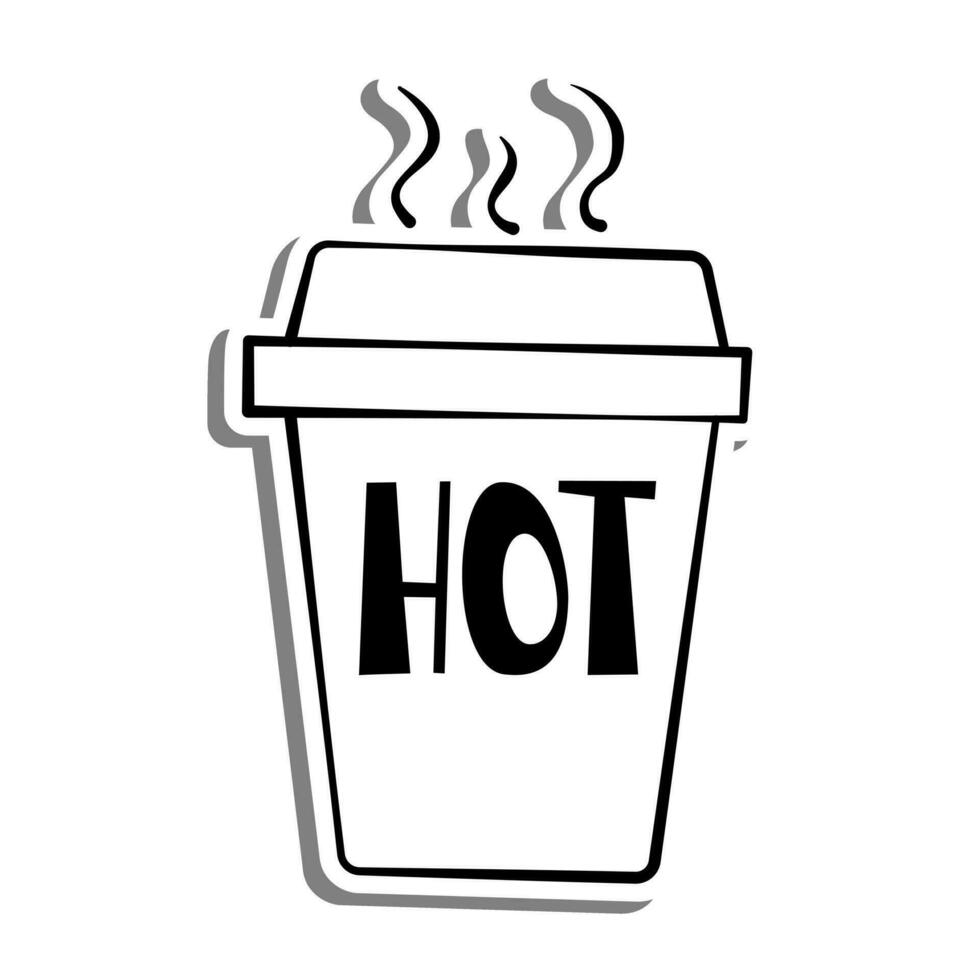 Black line coffee cup and word 'HOT' on white silhouette and gray shadow. Hand drawn cartoon style. Vector illustration for decorate, coloring and any design.