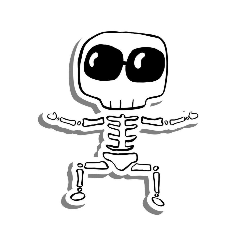 Cute cartoon Skeleton Wear Dark Glasses on white silhouette and gray shadow. Vector illustration about halloween.
