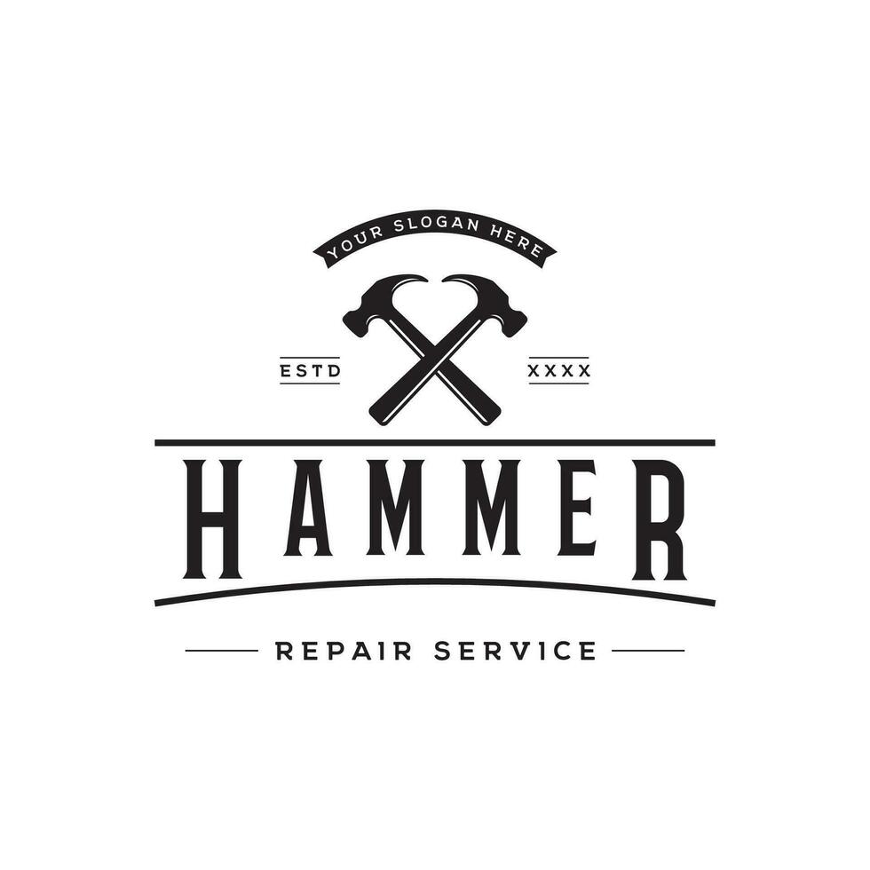 Retro vintage crossed hammer and nails logo template design.Logo for home repair service, carpentry,badges, woodworking. vector