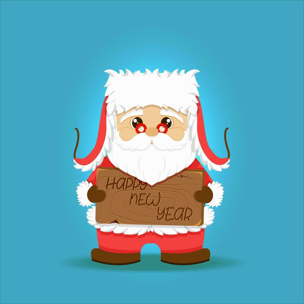 Santa Claus holding sign board, cartoon merry Christmas greeting card. Funny xmas character and banner New Year congratulation. Poster or postcard, presentation, template, design mockup vector