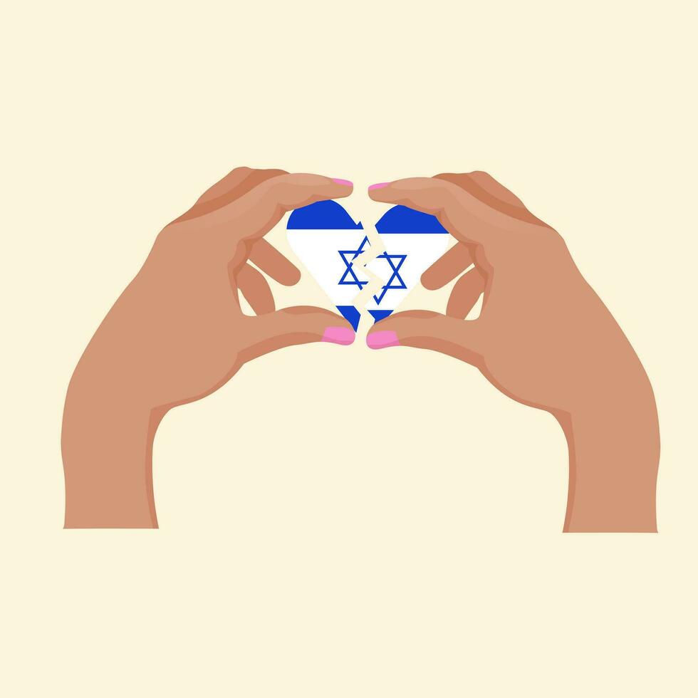 Israel flag in the shape of a broken heart. Pray for Israel. Let's pray together, sympathy. Vector illustration hands holding shape of heart from Israel flag