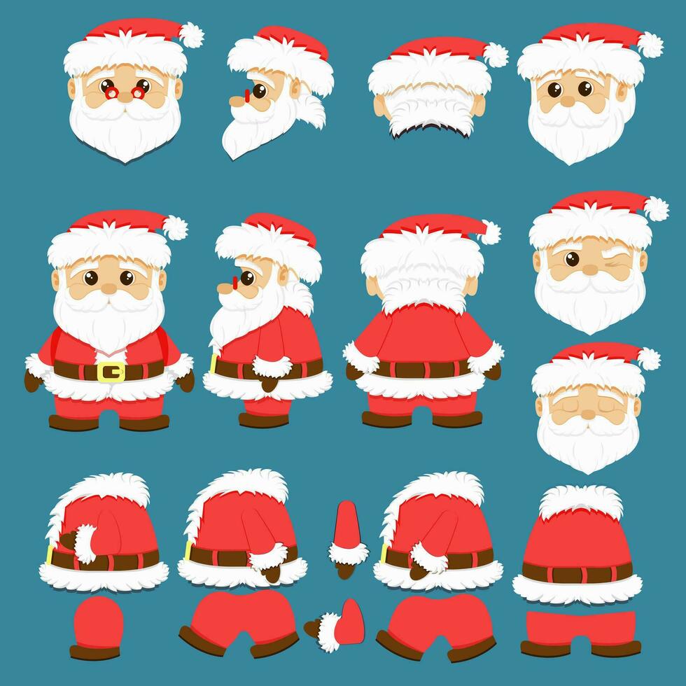 Santa Claus character set for the animation with various views, emotion, pose and gesture. Santa in different keyframes. Santa claus with beard in xmas costume. chibi style vector illustration
