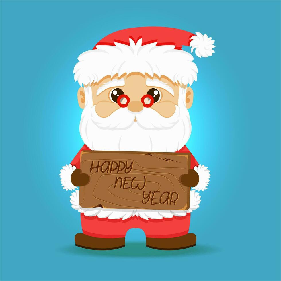 Santa Claus holding sign board, cartoon happy New Year and Merry Christmas greeting card. Funny xmas character and banner New Year congratulation. Poster or postcard, presentation, template, vector